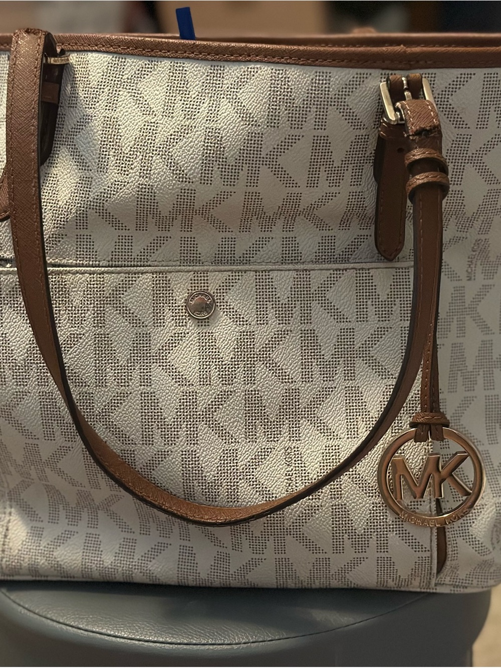 Michael Kors Cream and Brown Logo Tote with MK Charm